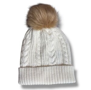 J CREW FACTORY Ivory Cable Knit Faux Fur Pom Cuffed Beanie NWT!